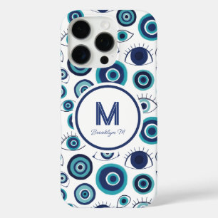 Coques iPhone 16 Pro Monogramme blanc bleu oculaire grec moderne