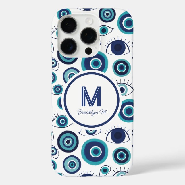 Coques Case-Mate iPhone Monogramme blanc bleu oculaire grec moderne (Verso)