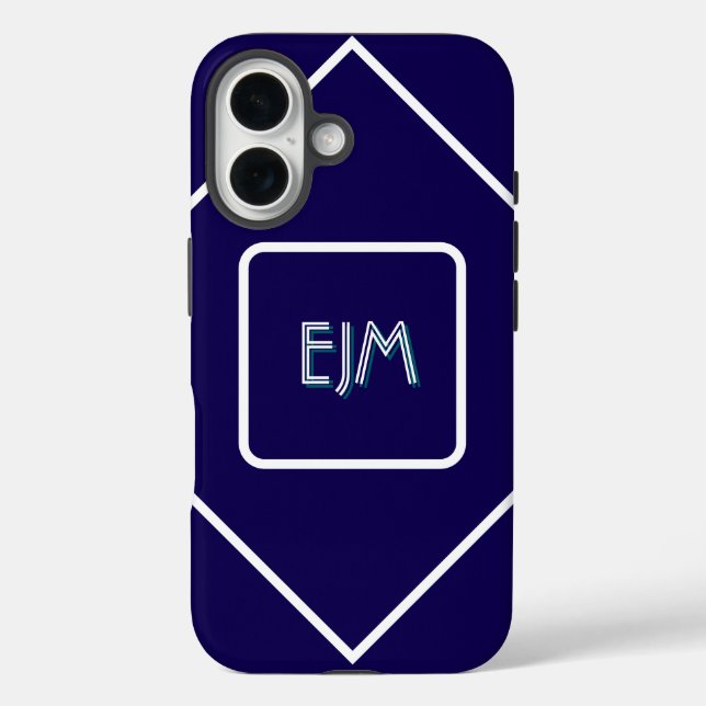 Coques Case-Mate iPhone Monogramme blanc et bleu géométrique chic (Verso)