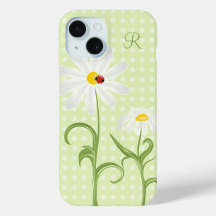Coque Pour iPhone 15 Monogramme blanc marguerite et dame bug poitrine v