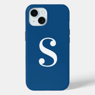 Coque Pour iPhone 15 Monogramme blanc minimal sur bleu marine