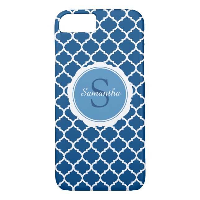 Coques Case-Mate iPhone Monogramme bleu blanc moderne géométrique (Dos)