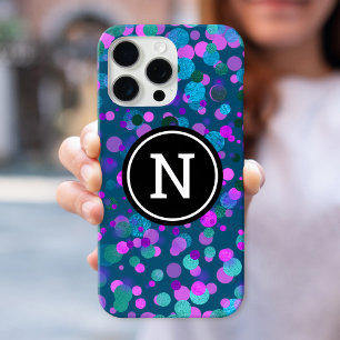 Coques iPhone 16 Pro Max Monogramme bleu brillant confetti pourpre points s