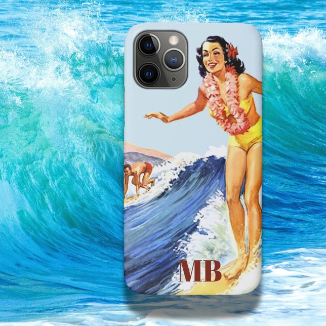 Coques Case-Mate iPhone Monogramme bleu d'été des vagues de surfeurs rétro (Créateur téléchargé)