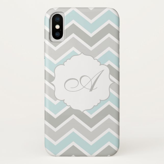 Coques Case-Mate iPhone Monogramme bleu et gris de Chevron de zigzag (Dos)