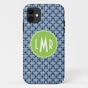 Coque Case-Mate Pour iPhone Monogramme bleu et vert de motif de trellis carré