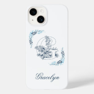 Coque Pour iPhone 14 Monogramme bleu "G" initial calmé floral