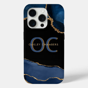 Coque iPhone 15 Pro Monogramme bleu or moderne Marine Porte or noir