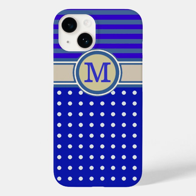 Coques Case-Mate iPhone Monogramme bleu, points de polka et rayures (Verso)