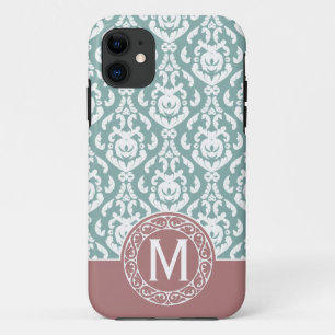 Coques Pour iPhone Monogramme bleu rose de damassé
