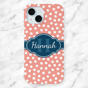 Coque Pour iPhone 15 Monogramme bleu rose et blanc Pois