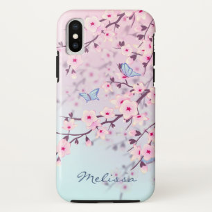 Coques Pour iPhone Monogramme bleu rose Fleur de cerisier