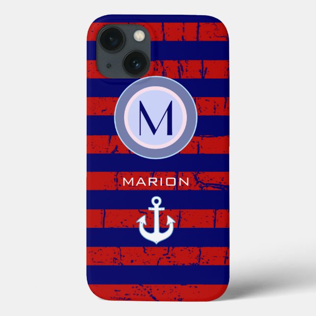 Coques Case-Mate iPhone monogramme bleu&rouge rayures et ancre (Verso)