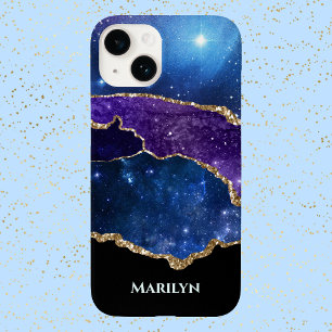 Coque Pour iPhone 14 Monogramme bleu violet noir étoile
