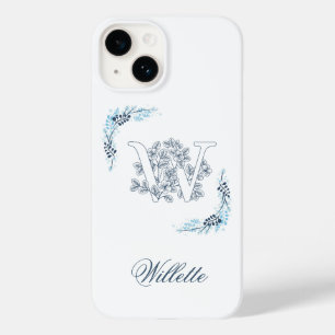 Coque Pour iPhone 14 Monogramme bleu "W" initial Flore calme