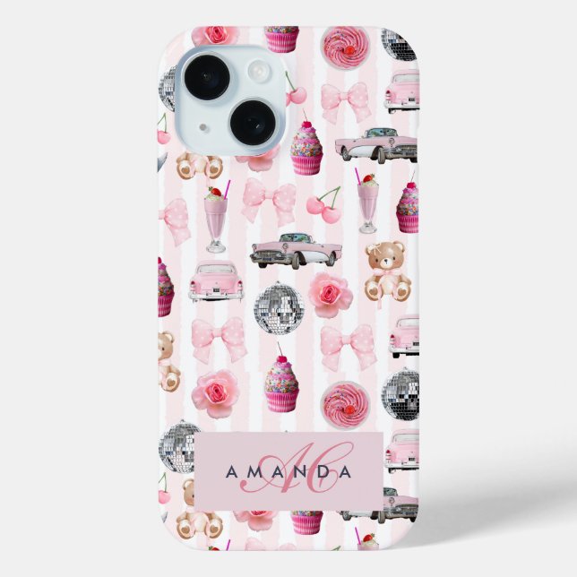 Coques Case-Mate iPhone Monogramme Blush Rose Retro Disco Ball Coquette (Verso)