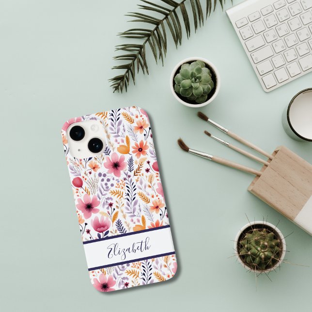 Coques Case-Mate iPhone Monogramme Boho Fleurs sauvages rose violet orange (Boho Wildflowers pink purple orange coral Monogrammed iPhone case. )