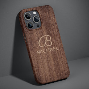 Coque Pour iPhone 14 Monogramme Bois Bois Rustique Nom personnalisé