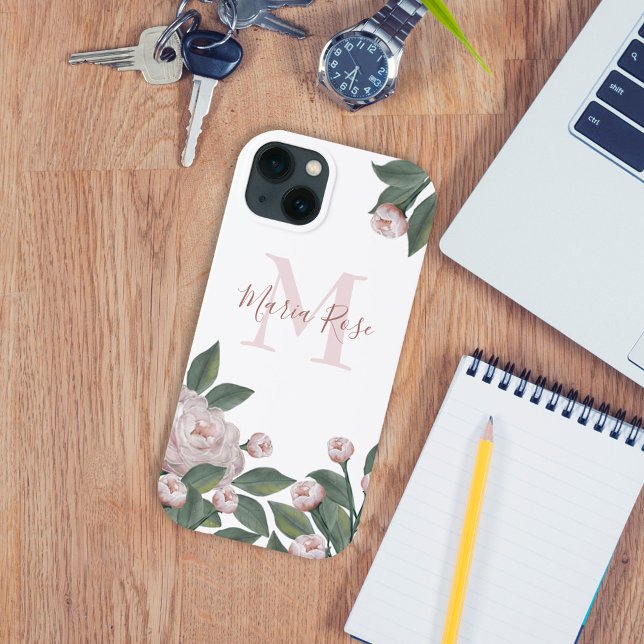 Coques Case-Mate iPhone Monogramme Botanique Floral Rose Nom personnalisé (Créateur téléchargé)