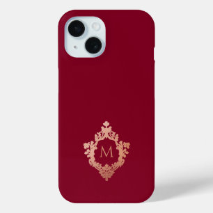 Coque Pour iPhone 15 Monogramme Bourgogne Crête rose Vintage Élégant