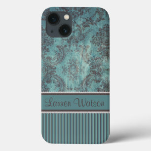 Etui iPhone 13 Monogramme brun turquoise de damassé vintage