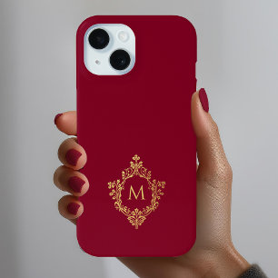 Coque Pour iPhone 15 Monogramme Burgundy Elégant Vintage Faux Or Blason