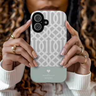Coque Pour iPhone 16 Monogramme cardiaque de Trellis à la menthe et gri