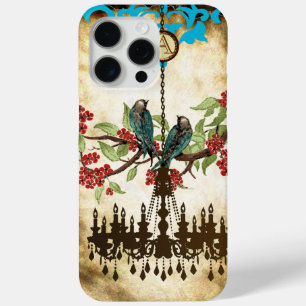 Coque iPhone 15 Pro Max Monogramme Chandelier Vintage d'oiseaux en fleurs