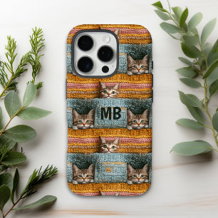 Coques iPhone 16 Pro Monogramme Chats Mignons Tricotés Personnalisés Fé