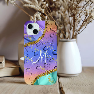 Coque iPhone 15 Mini Monogramme Chic M Or Couleurs Arc-en-Ciel Gouttes