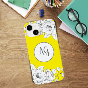 Coque Pour iPhone 14 Monogramme Chic Moderne Jaune Floral Blanc