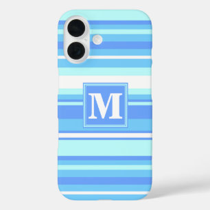 Coque Pour iPhone 16 Monogramme ciel bandes bleues