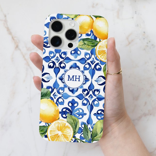 Coques Case-Mate iPhone Monogramme Citron Citrus Fruit Elégant Méditerrané (Monogram Lemon Citrus Fruit Elegant Mediterranean Case-Mate iPhone Case)