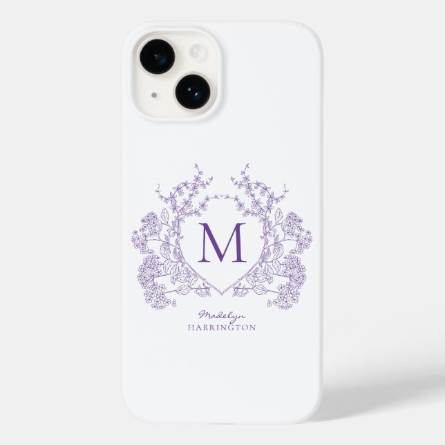 Coques Case-Mate iPhone Monogramme classique de crête florale violet botan (Verso)