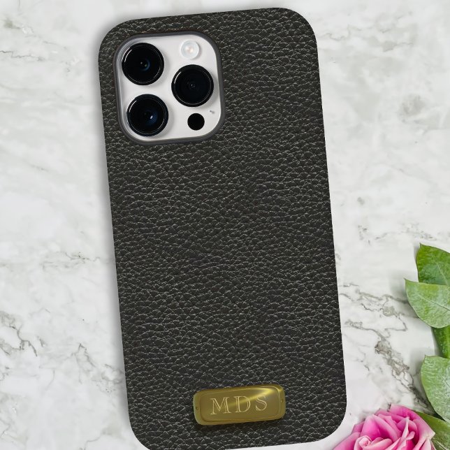 Coques Case-Mate iPhone Monogramme classique en cuir noir Faux (A classic faux black leather look phone case with space for your initials)