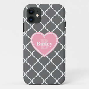 Coque Case-Mate Pour iPhone Monogramme Coeur rose Gris Lattice marocain