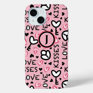 Coque Pour iPhone 15 Monogramme Coeurs roses Aimer Baisers Saint Valent