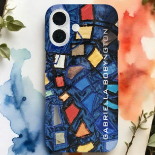 Coque Pour iPhone 16 monogramme coloré bleu marine rouge jaune géométri