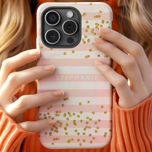 Coque Pour iPhone 15 Monogramme Confetti Paillettes Or Rayures Rose Far