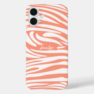 Coques iPhone 16 Plus Monogramme Coral rose rayé Zèbre motif tendance