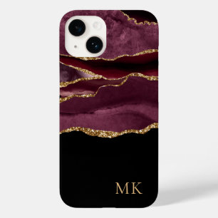 Coque Pour iPhone 14 Monogramme d'Agate de marbre doré et bordeaux mode
