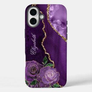 Coques iPhone 16 Plus Monogramme d'Agate Floral d'or violet