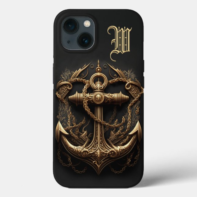 Coques Case-Mate iPhone Monogramme d'Ancre nautique d'or (Verso)