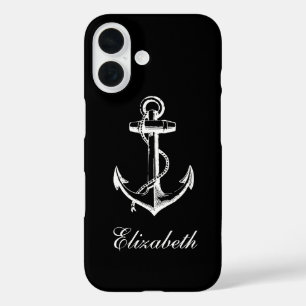 Coque Pour iPhone 16 Monogramme d'Ancre Vintage noir et blanc