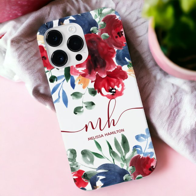 Coques Case-Mate iPhone monogramme d'aquarelle fleurie rouge rustique (Rustic red blue elegant floral watercolor monogram Case-Mate iPhone case)