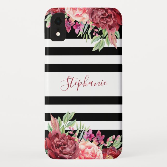 Coques Case-Mate iPhone Monogramme d'aquarelle florale bordeaux noir (Dos)