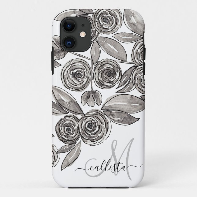 Coques Case-Mate iPhone Monogramme d'aquarelle florale noir moderne (Dos)