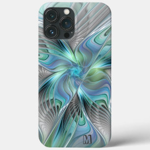 Case-Mate iPhone Case Monogramme d'art fractal à papillon bleu vert Abst