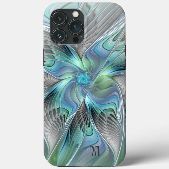 Coques Case-Mate iPhone Monogramme d'art fractal à papillon bleu vert Abst (Verso)