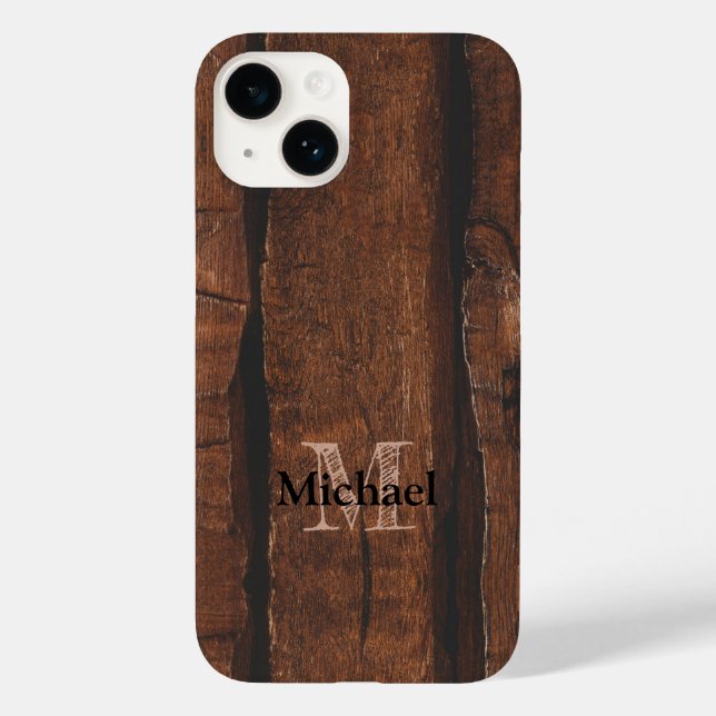 Coques Case-Mate iPhone Monogramme de bois ancien brun foncé rustique (Verso)